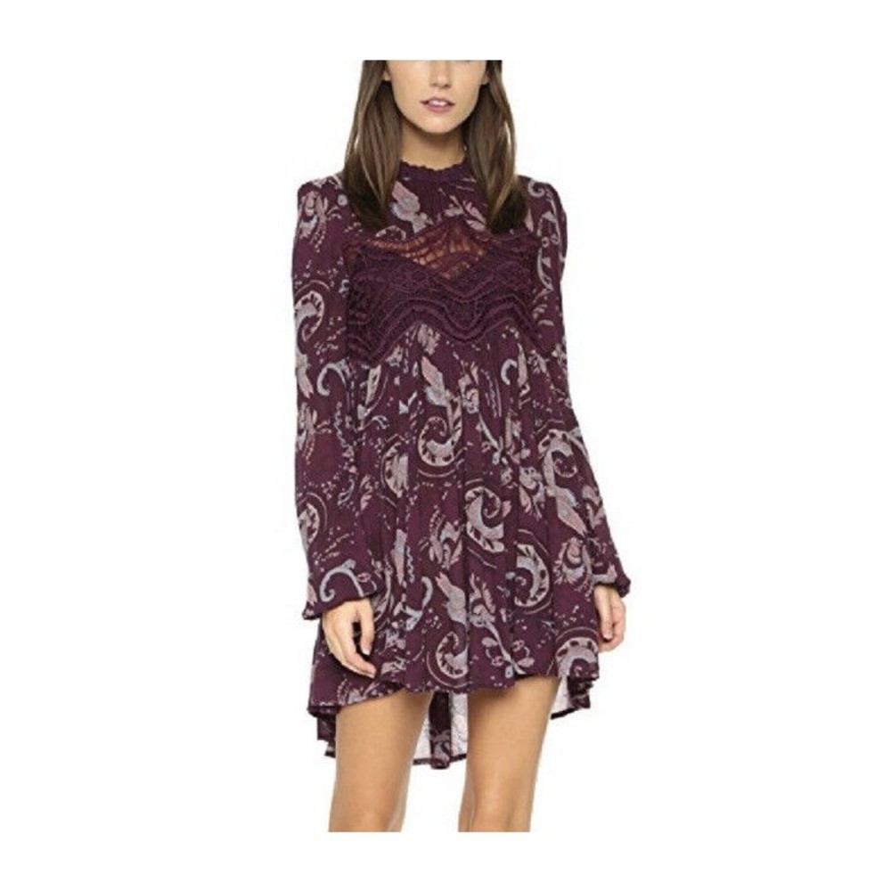 Free People Sweet Thing Purple Paisley Long Sleeve Open Back Boho Dress …